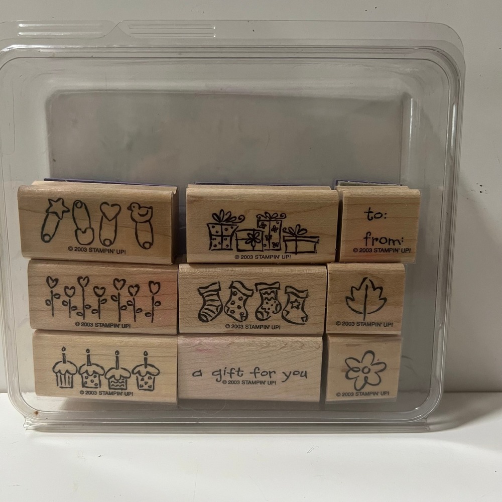 Stampin Up 2003 Tag-Alongs Wood Mounted Rubber Stamp Set 9 PC Holiday Birthday‎